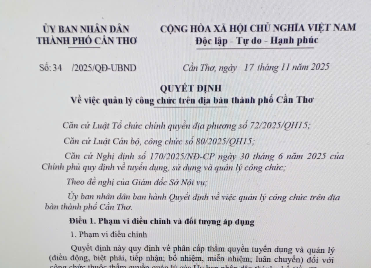 Ủy ban nhân dân thành phố Cần Thơ ban hành Quyết định về việc quản lý công chức trên địa bàn thành phố Cần Thơ