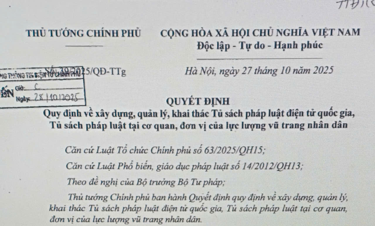 Thủ tướng Chính phủ ban hành Quyết định quy định về xây dựng, quản lý, khai thác Tủ sách pháp luật điện tử quốc gia, Tủ sách pháp luật tại cơ quan, đơn vị của lực lượng vũ trang nhân dân