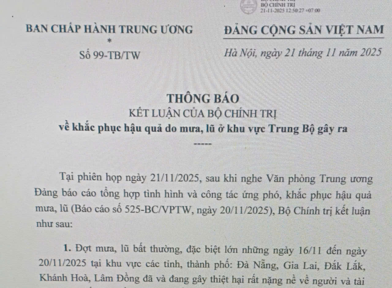 Thông báo số 99-TB/TW về khắc phục hậu quả do mưa, lũ ở khu vực Trung Bộ gây ra