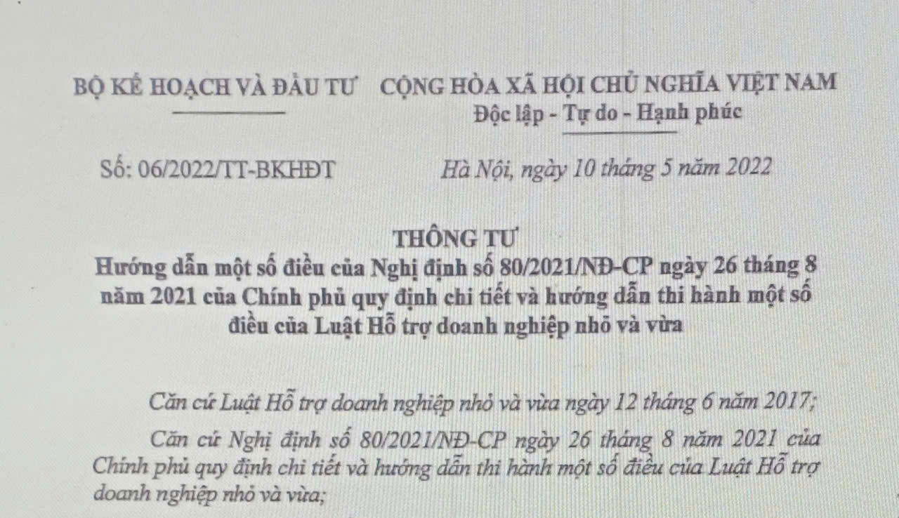 Hướng dẫn Luật Hỗ trợ doanh nghiệp nhỏ và vừa theo Thông tư 06/2022/TT-BKHĐT