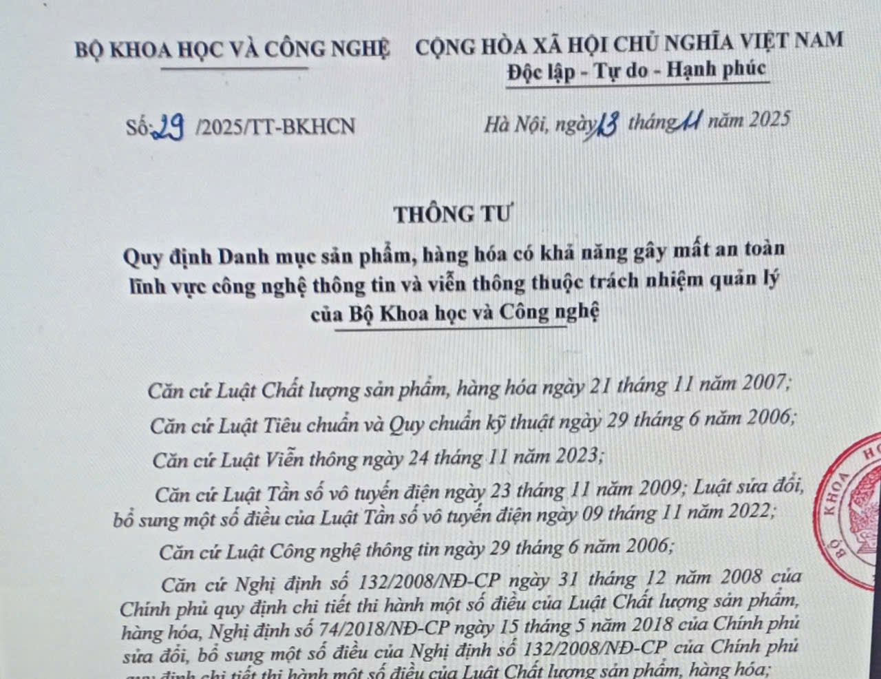 Danh mục sản phẩm, hàng hóa có khả năng gây mất an toàn lĩnh vực công nghệ thông tin và viễn thông