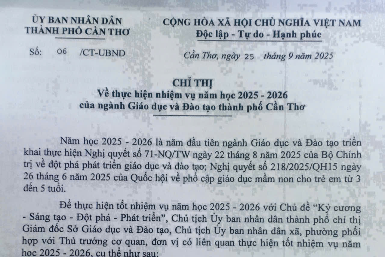 Chỉ thị về thực hiện nhiệm vụ năm học 2025-2026 của ngành Giáo dục và Đào tạo thành phố Cần Thơ
