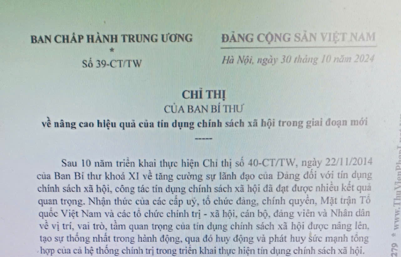 Chỉ thị số 39-CT/TW ngày 30/10/2024 của Ban Bí thư về nâng cao hiệu quả của tín dụng chính sách xã hội trong giai đoạn mới