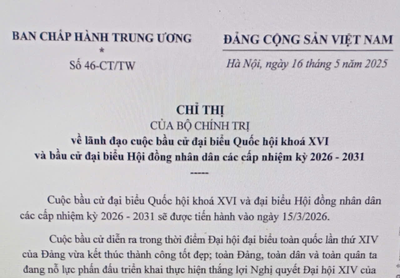 Chỉ Thị của Thành ủy về lãnh đạo cuộc bầu cử đại biểu Quốc hội khóa XVI và bầu cử đại biểu Hội đồng nhân dân các cấp, nhiệm kỳ 2026 - 2031
