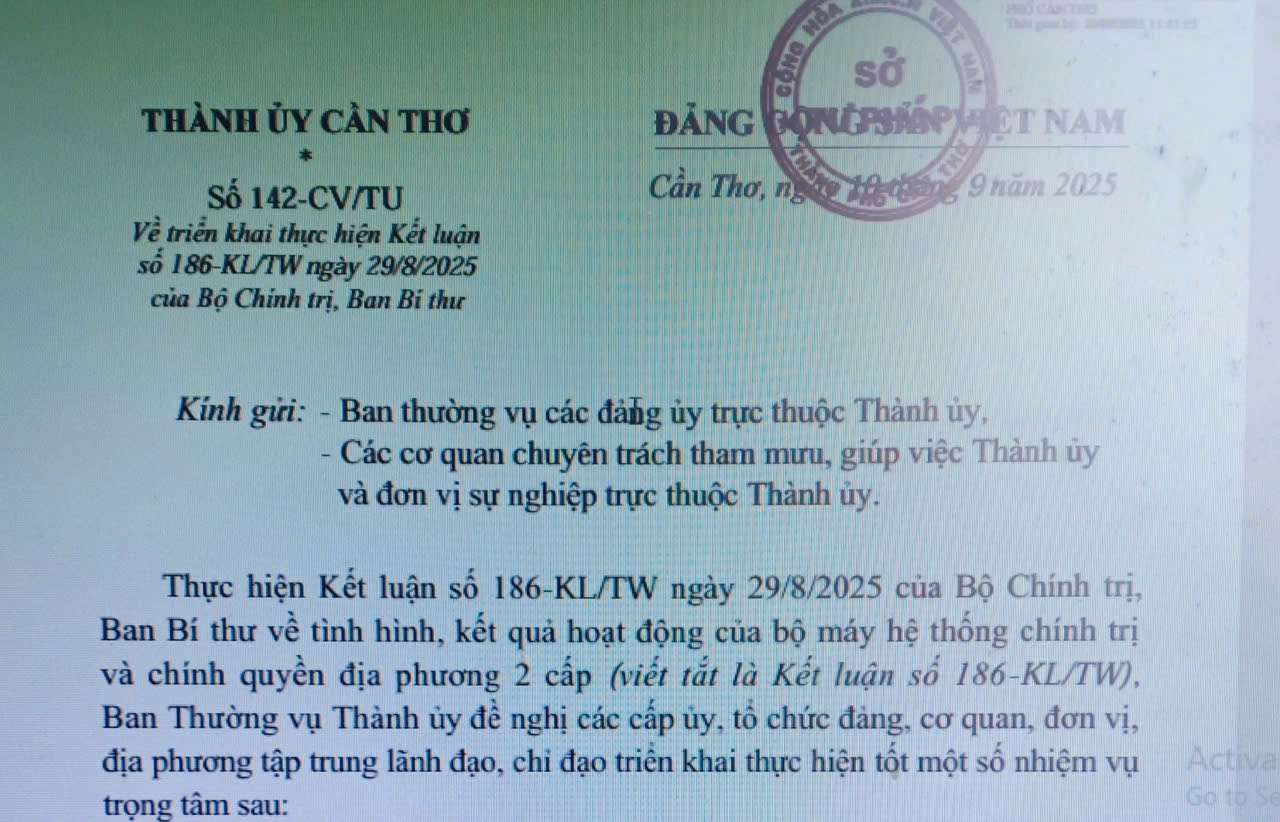Triển khai thực hiện Kết luận số 186-KL/TW ngày 29/8/2025 của Bộ Chính trị, Ban Bí thư