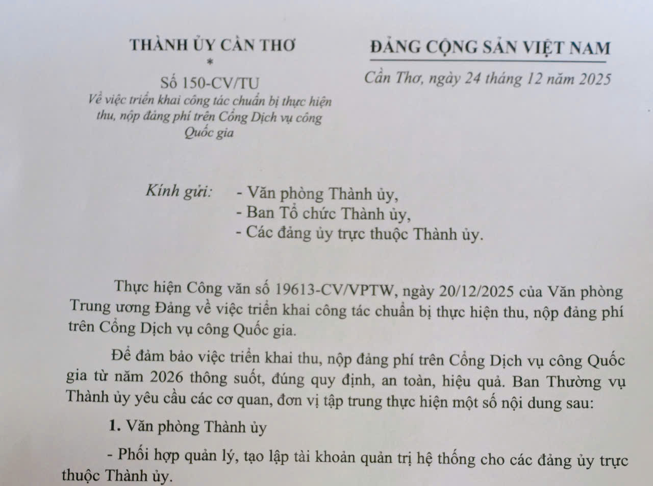 Triển khai công tác chuẩn bị thực hiện thu, nộp đảng phí trên Cổng Dịch vụ công Quốc gia 