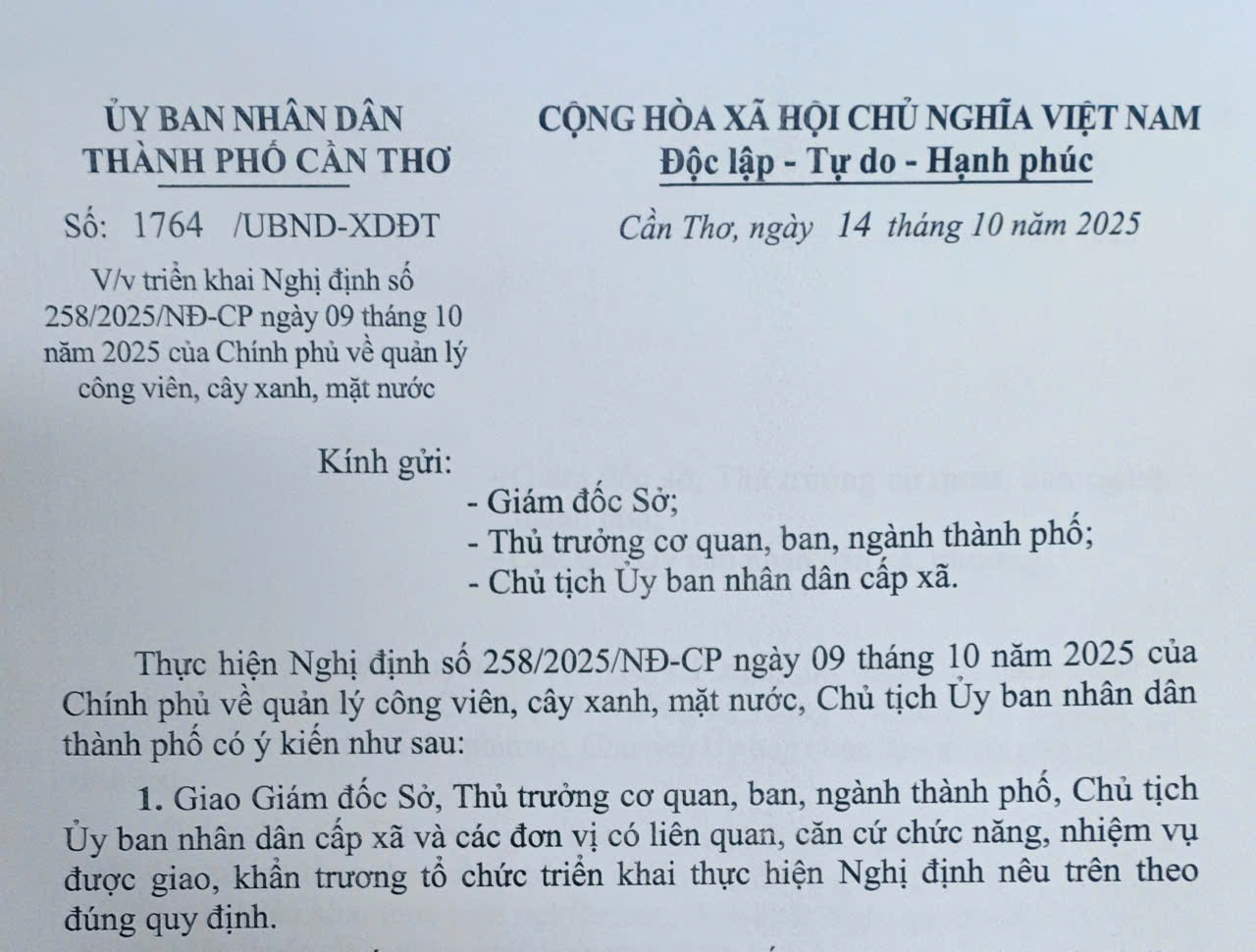 Triển khai Nghị định số 258/2025/NĐ-CP ngày 09 tháng 10 năm 2025 của Chính phủ về quản lý công viên, cây xanh, mặt nước