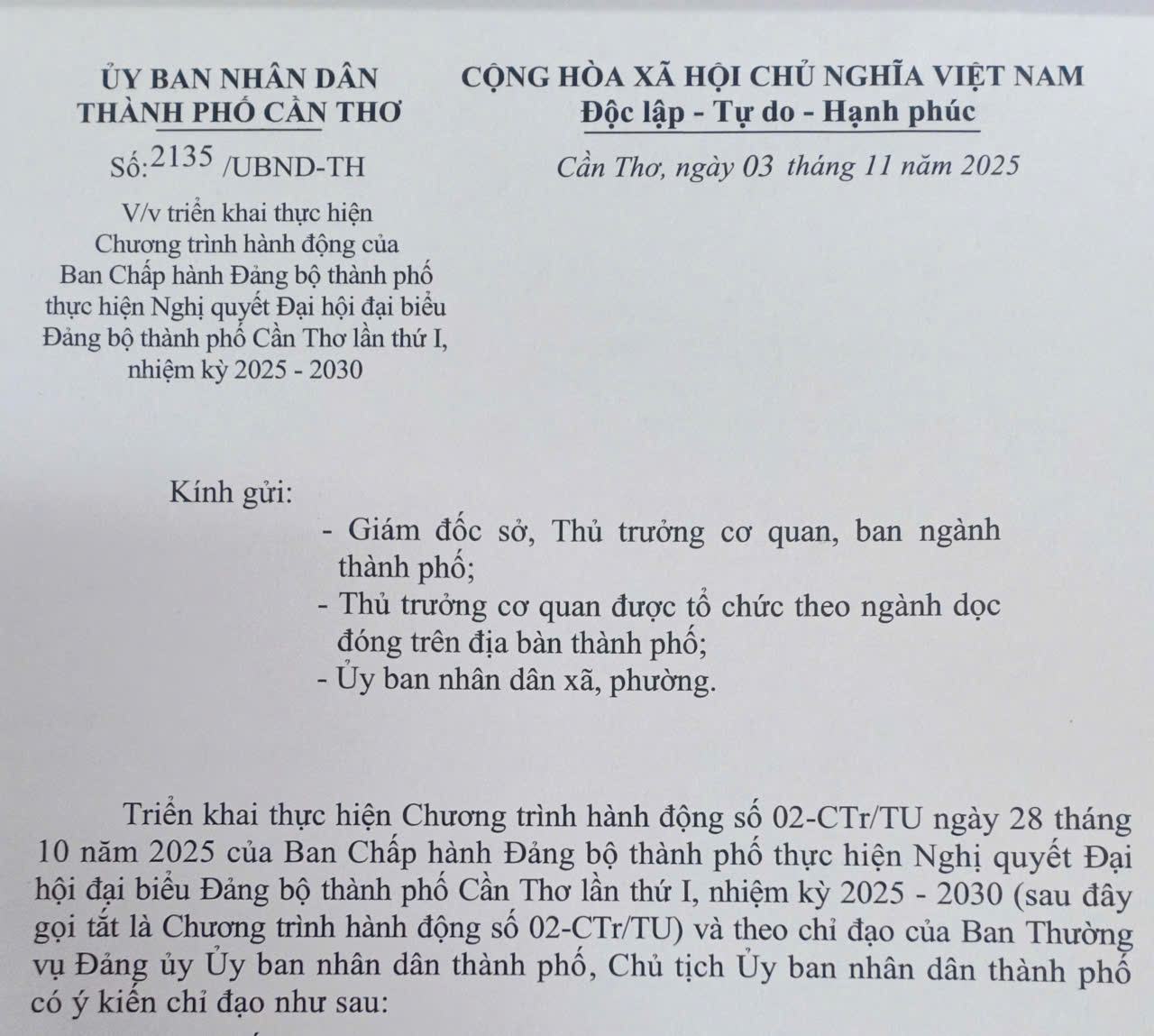 Triển khai thực hiện Chương trình hành động của Ban Chấp hành Đảng bộ thành phố thực hiện Nghị quyết Đại hội đại biểu Đảng bộ thành phố Cần Thơ lần thứ I, nhiệm kỳ 2025 – 2030