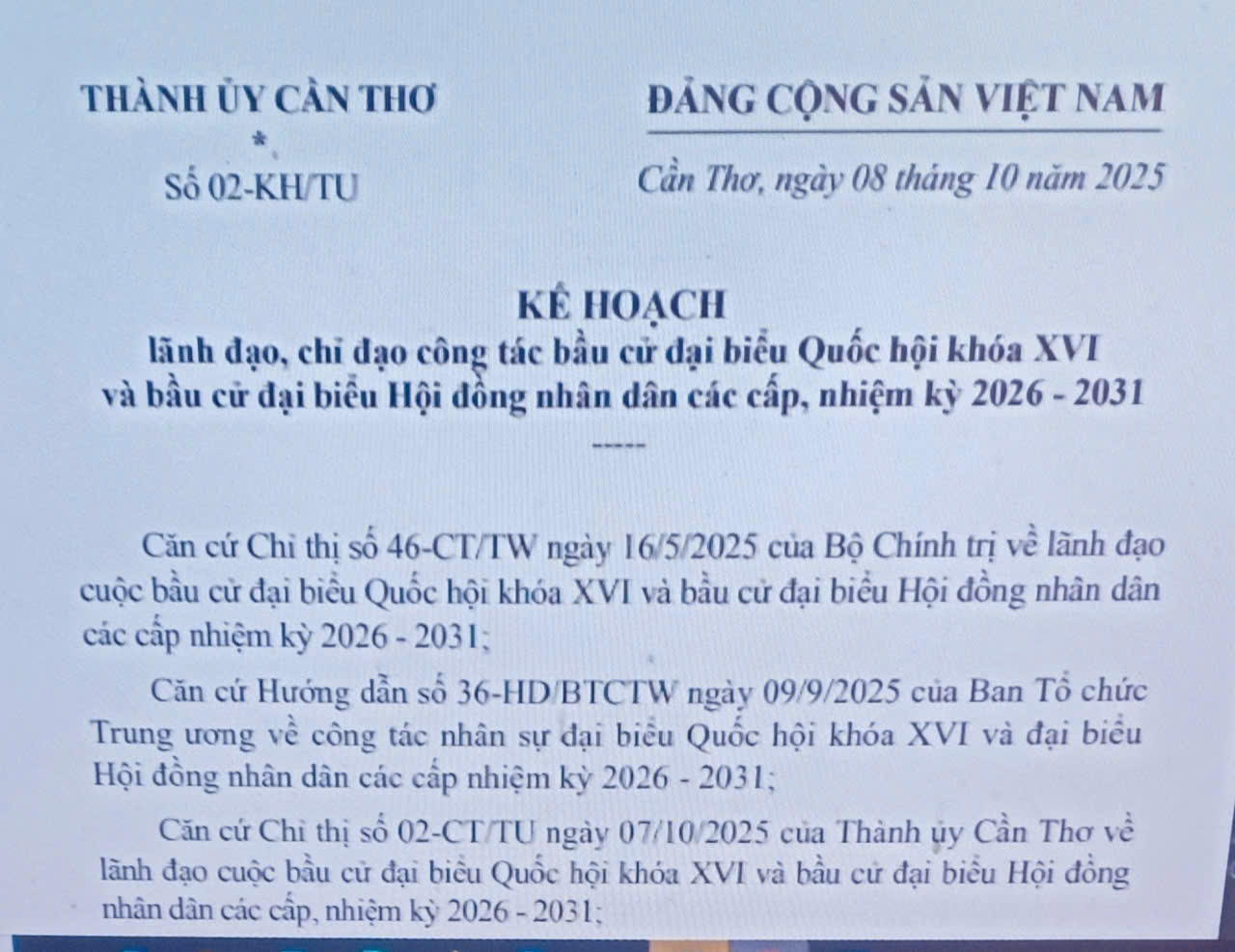 Lãnh đạo, chỉ đạo công tác bầu cử đại biểu Quốc hội khóa XVI và bầu cử đại biểu Hội đồng nhân dân các cấp, nhiệm kỳ 2026 - 2031
