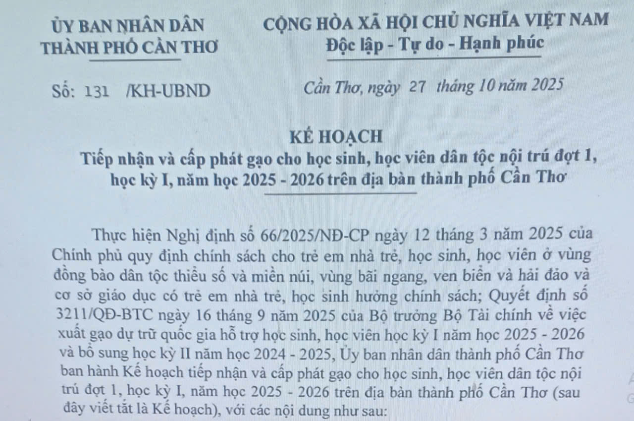Tiếp nhận và cấp phát gạo cho học sinh, học viên dân tộc nội trú đợt 1, học kỳ I, năm học 2025 - 2026 trên địa bàn thành phố Cần Thơ