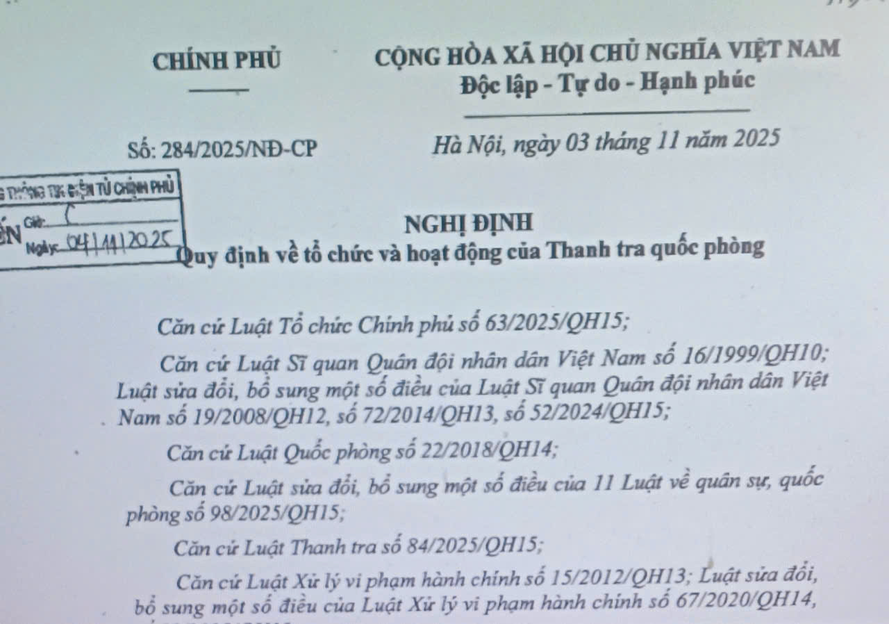 Nghị định số 284/2025/NĐ-CP của Chính phủ quy định về tổ chức và hoạt động của Thanh tra quốc phòng