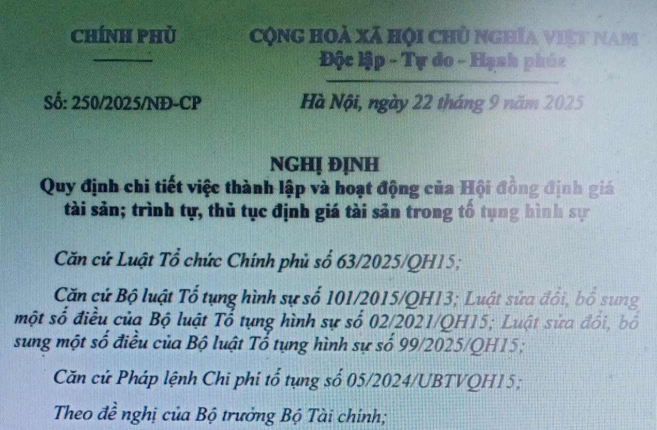 Hoạt động của Hội đồng định giá tài sản, thủ tục định giá tài sản trong tố tụng hình sự tại Nghị định số 250/2025/NĐ-CP