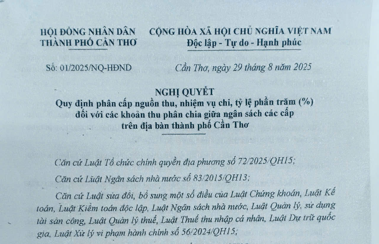 Quy định phân cấp nguồn thu, nhiệm vụ chi, tỷ lệ phần trăm (%) đối với các khoản thu phân chia giữa ngân sách các cấp trên địa bàn thành phố Cần Thơ 