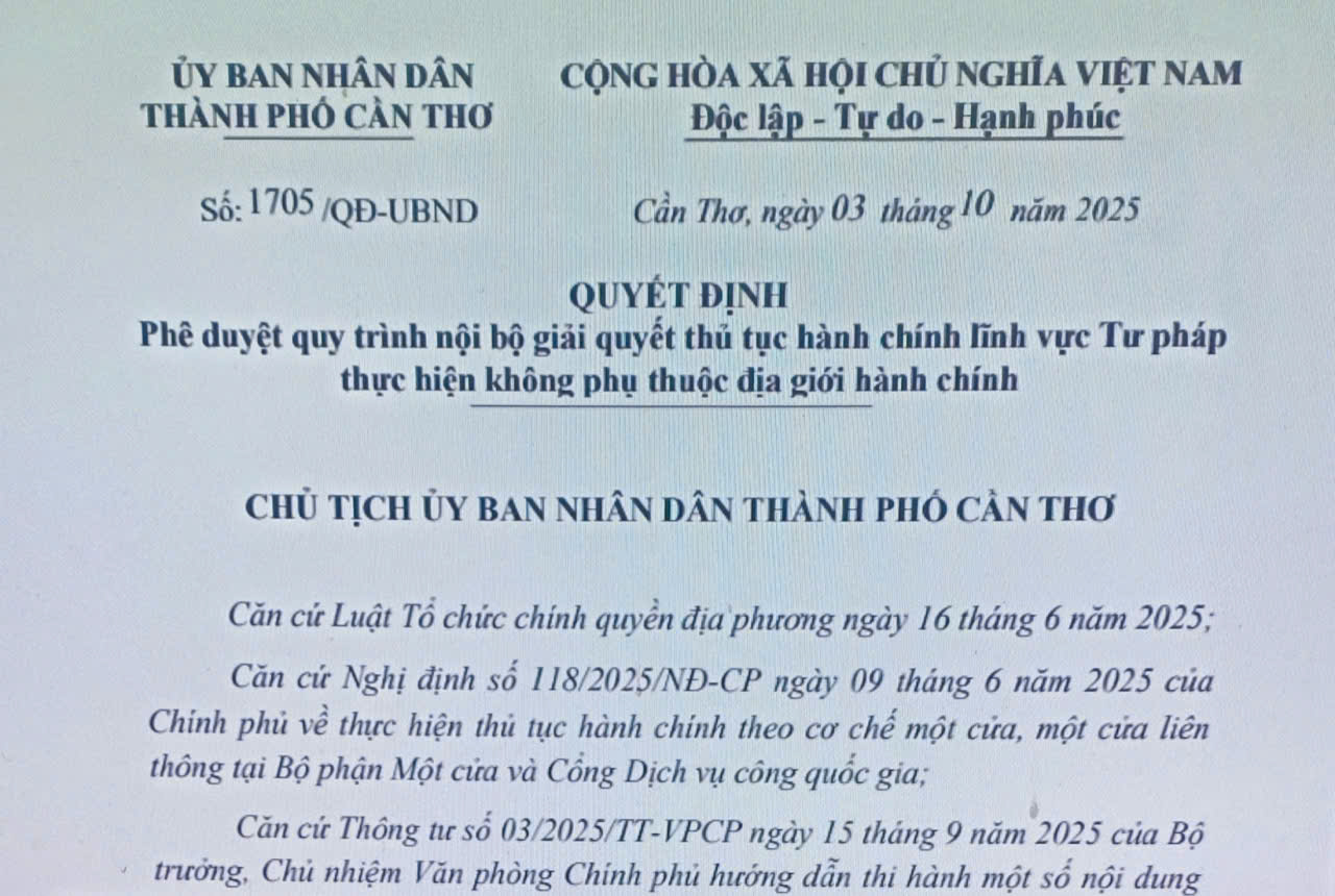 Phê duyệt quy trình nội bộ giải quyết thủ tục hành chính lĩnh vực Tư pháp thực hiện không phụ thuộc địa giới hành chính 