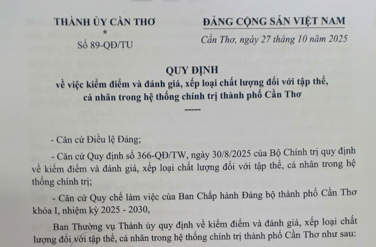 Mức xếp loại kiểm điểm và đánh giá chất lượng đối với tập thể, cá nhân trong hệ thống chính trị thành phố Cần Thơ