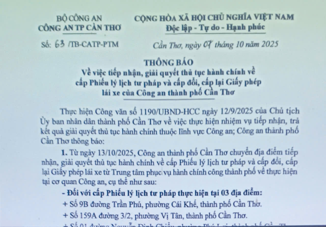 Chuyển địa điểm tiếp nhận, giải quyết thủ tục hành chính về cấp Phiếu lý lịch tư pháp và cấp đổi, cấp lại Giấy phép lái xe  của Công an thành phố Cần Thơ