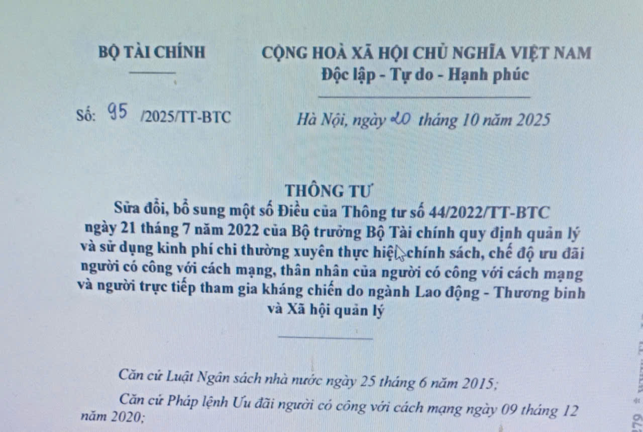 Thông tư số 95/2025/TT-BTC sửa đổi, bổ sung một số Điều của Thông tư số 44/2022/TT-BTC ngày 21 tháng 7 năm 2022 của Bộ trưởng Bộ Tài chính