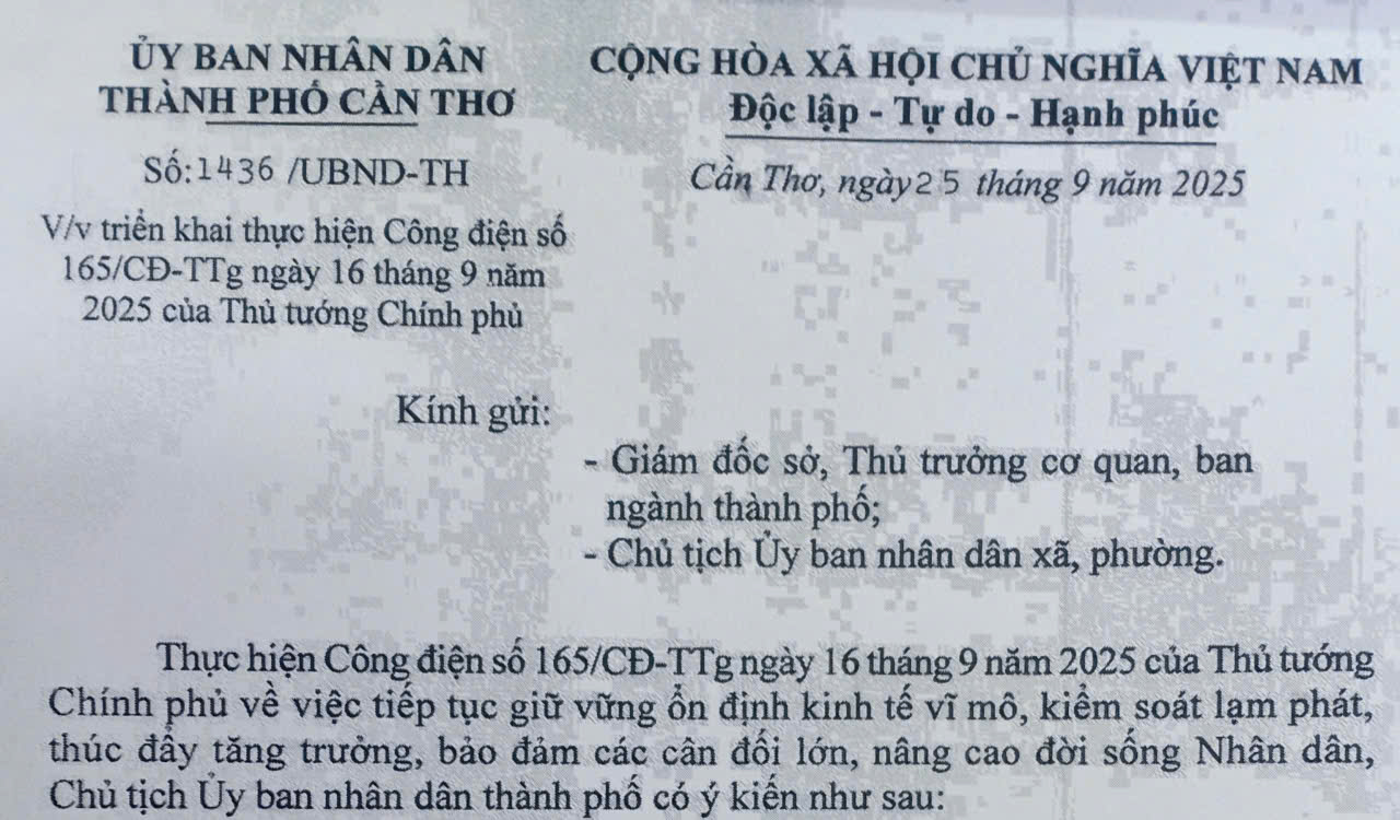 Ủy ban nhân dân thành phố Cần Thơ triển khai thực hiện Công điện số 165/CĐ-TTg ngày 16 tháng 9 năm 2025 của Thủ tướng Chính phủ