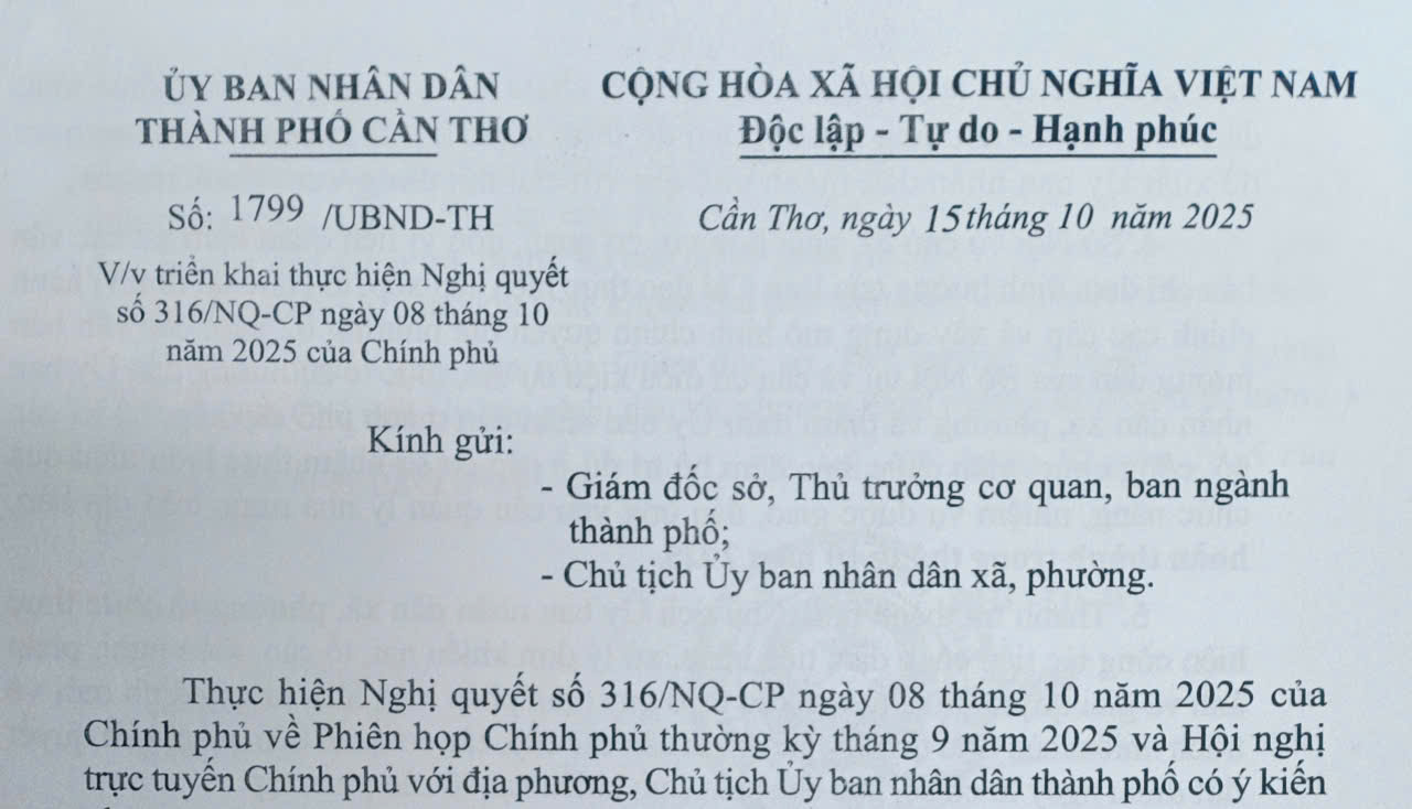 Triển khai thực hiện Nghị quyết số 316/NQ-CP ngày 08 tháng 10 năm 2025 của Chính phủ