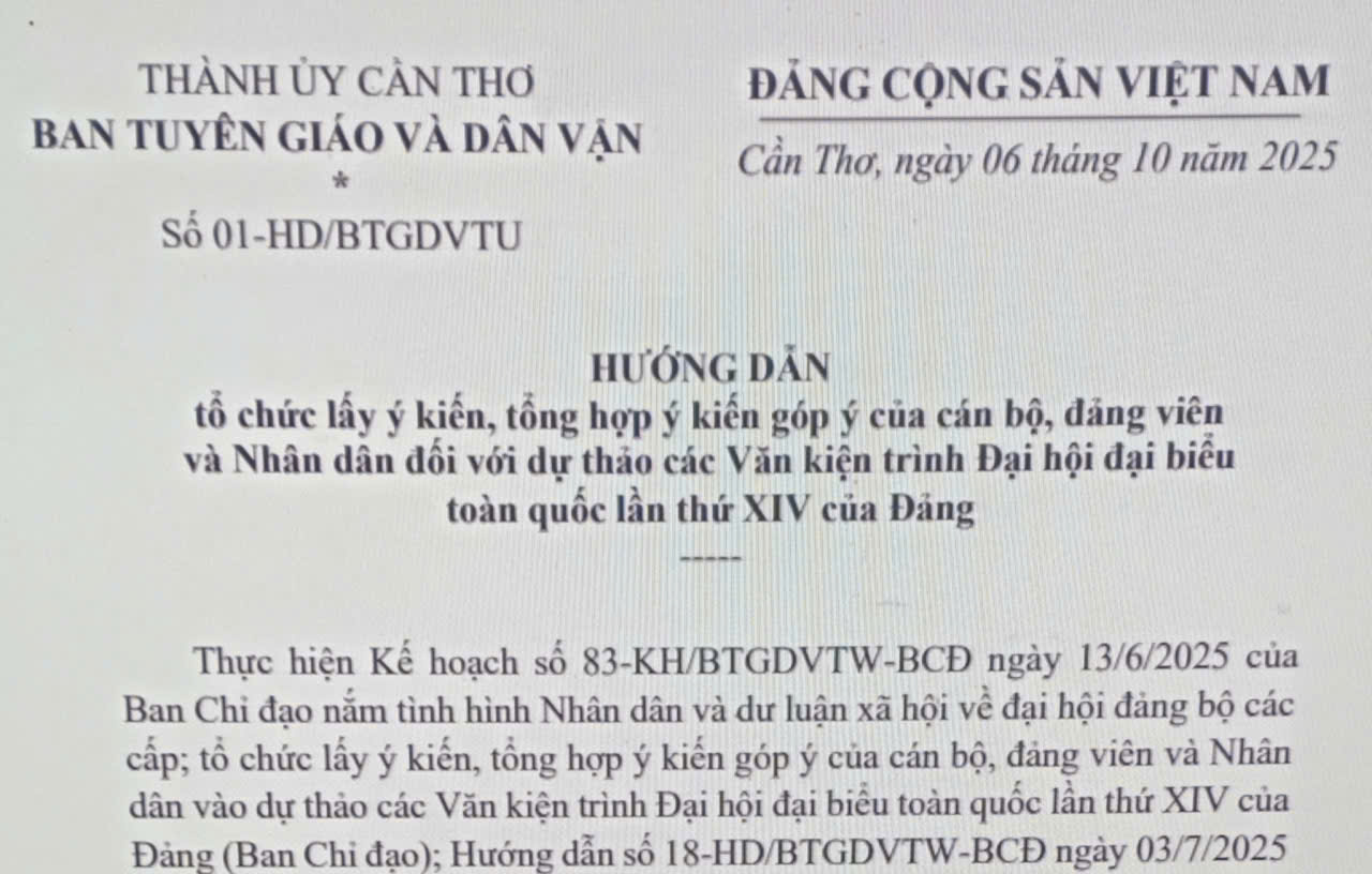 Hướng dẫn tổ chức lấy ý kiến, tổng hợp ý kiến góp ý của cán bộ, đảng viên và Nhân dân đối với dự thảo các Văn kiện trình Đại hội đại biểu toàn quốc lần thứ XIV của Đảng