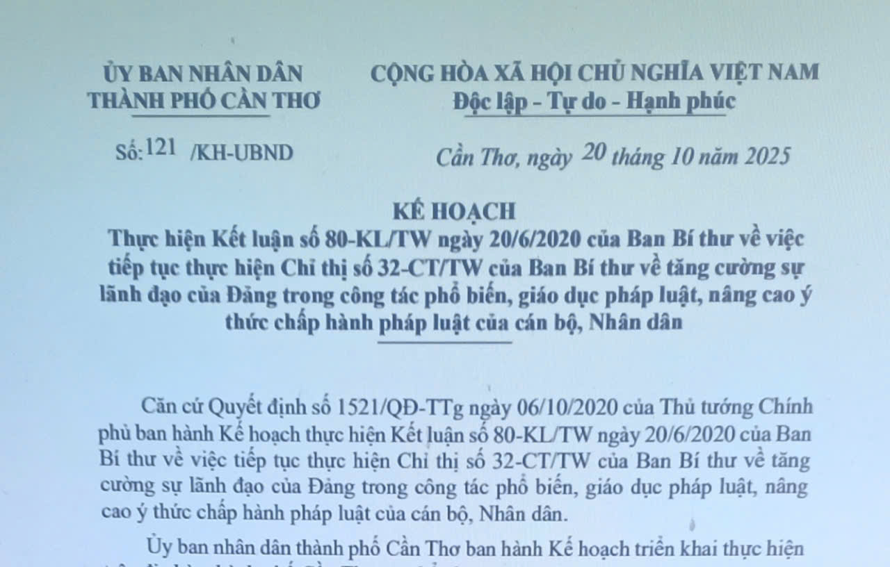 Triển khai thực hiện Kết luận số 80-KL/TW ngày 20/6/2020 của Ban Bí thư về việc tiếp tục thực hiện Chỉ thị số 32-CT/TW của Ban Bí thư về tăng cường sự lãnh đạo của Đảng trong công tác phổ biến, giáo dục pháp luật, nâng cao ý thức chấp hành pháp luật của c
