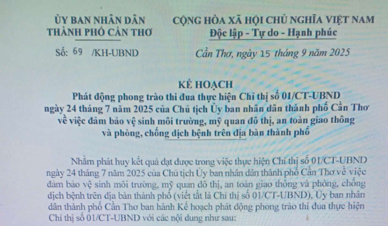 Phát động phong trào thi đua thực hiện Chỉ thị số 01/CT-UBND ngày 24 tháng 7 năm 2025 của Chủ tịch Ủy ban nhân dân thành phố Cần Thơ về việc đảm bảo vệ sinh môi trường, mỹ quan đô thị, an toàn giao thôngvà phòng, chống dịch bệnh trên địa bàn thành phố