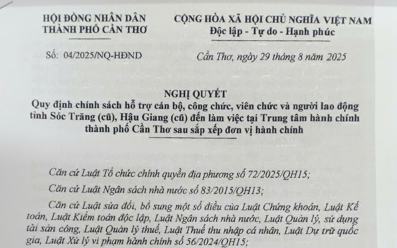Chính sách hỗ trợ cán bộ, công chức, viên chức và người lao động tỉnh Sóc Trăng (cũ), Hậu Giang (cũ) đến làm việc tại Trung tâm hành chính thành phố Cần Thơ sau sắp xếp đơn vị hành chính