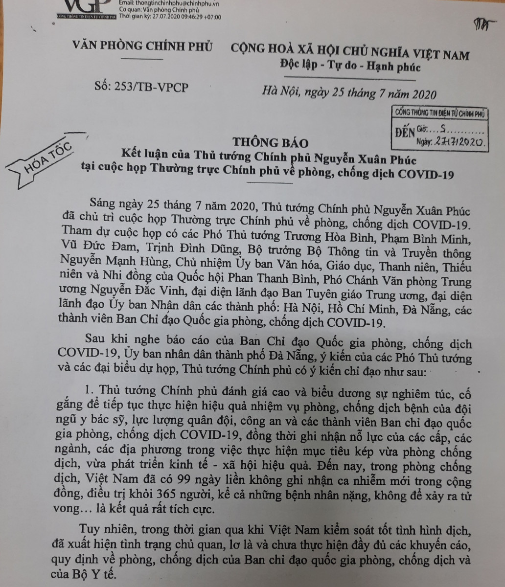 Thông báo số 253/TB-VPCP của Văn phòng Chính phủ