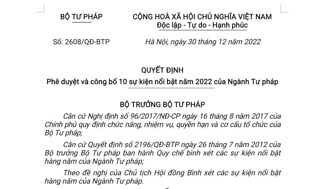 Phê duyệt và công bố 10 sự kiện nổi bật năm 2022 của Ngành Tư pháp