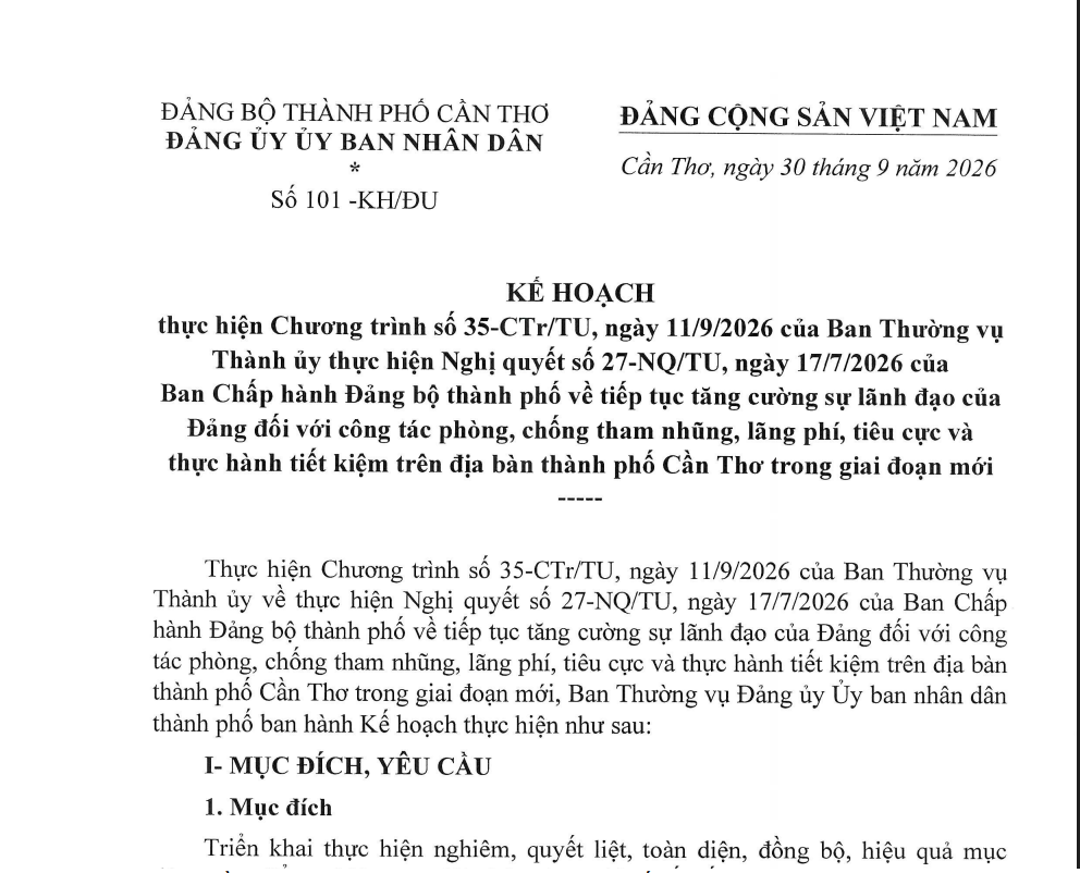 Kế hoạch số 101-KH/ĐU, ngày 11/9/2026 của Ban Thường vụ Thành ủy Cần Thơ