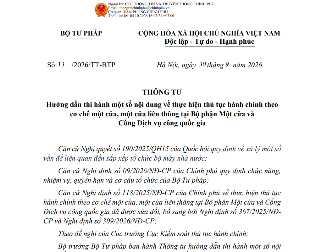 Hướng dẫn thi hành một số nội dung về thực hiện thủ tục hành chính theo cơ chế một cửa, một cửa liên thông tại Bộ phận Một cửa và Cổng Dịch vụ công quốc gia