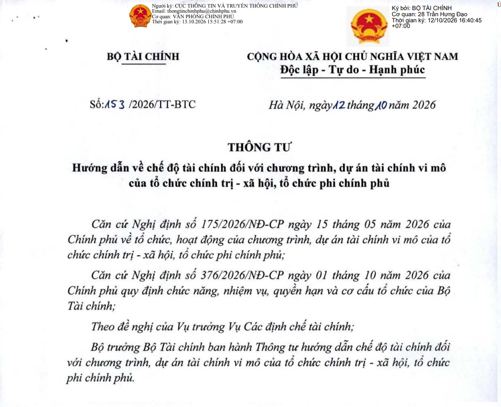 Quy định chế độ tài chính đối với chương trình, dự án tài chính vi mô của tổ chức chính trị - xã hội, tổ chức phi chính phủ