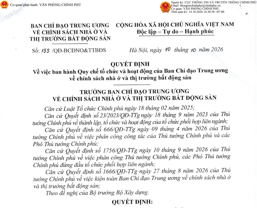 Triển khai thực hiện Quyết định số 155/QĐ-BCĐNO&TTBĐS ngày 10/10/2026 của Trưởng Ban Chỉ đạo Trung ương