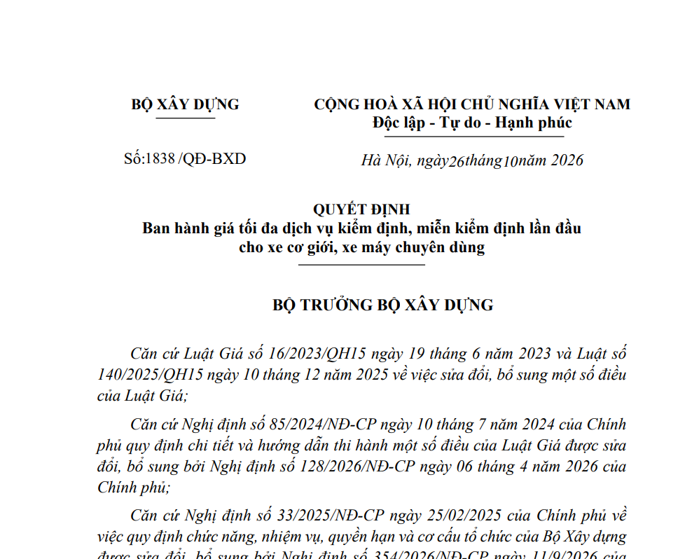 Quy định giá tối đa dịch vụ kiểm định, miễn kiểm định lần đầu cho xe cơ giới, xe máy chuyên dùng