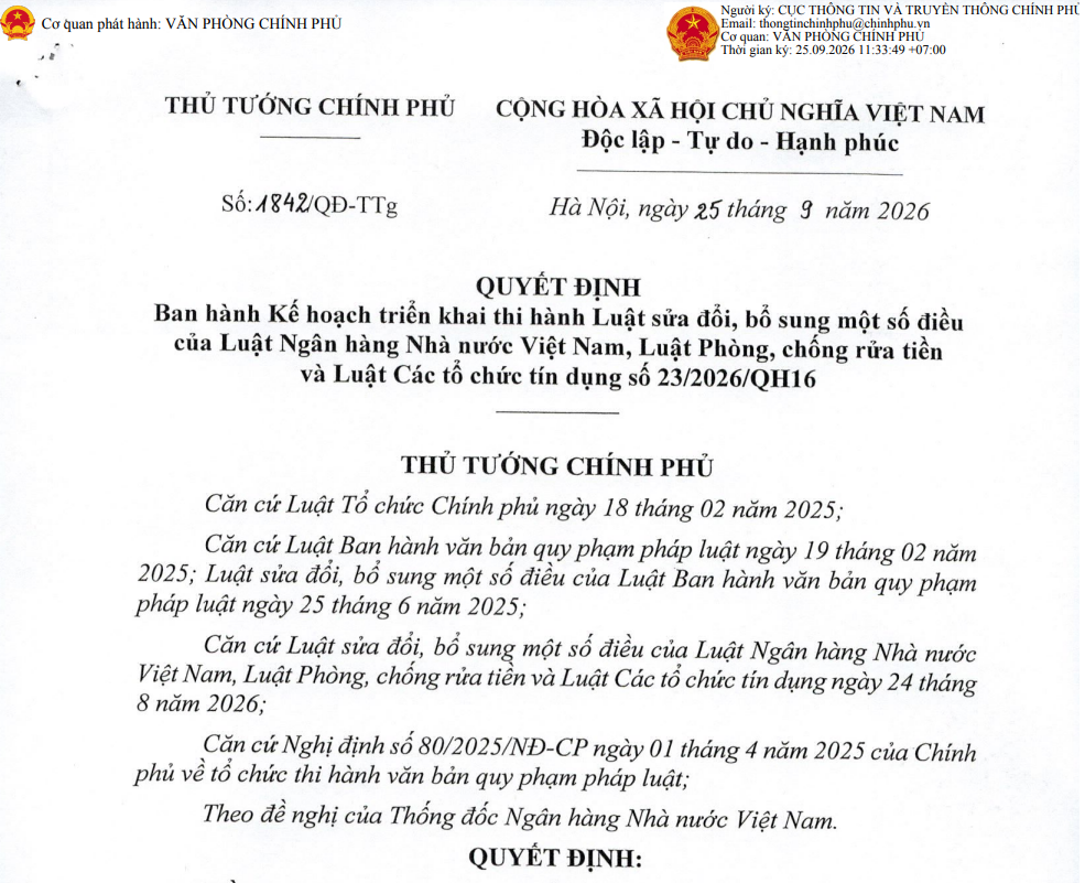 Triển khai thực hiện Quyết định số 1842/QĐ- TTg ngày 25 tháng 9 năm 2026 của Thủ tướng Chính phủ trên địa bàn thành phố Cần Thơ