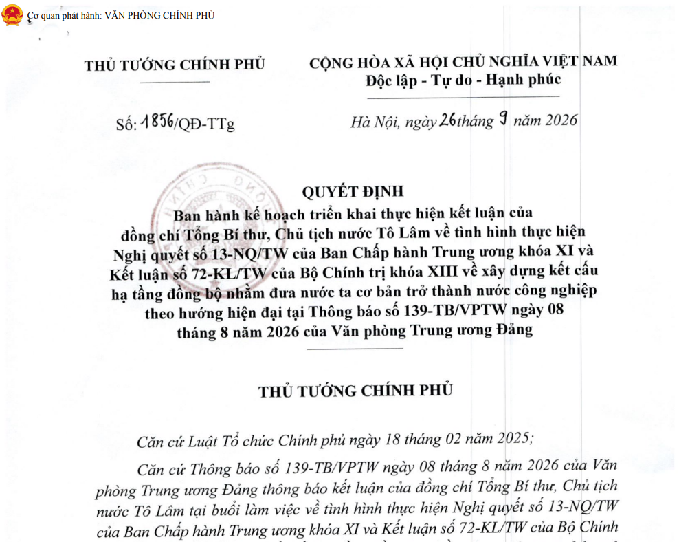 Triển khai thực hiện Quyết định số 1856/QĐ-TTg ngày 26 tháng 9 năm 2026 của Thủ tướng Chính phủ