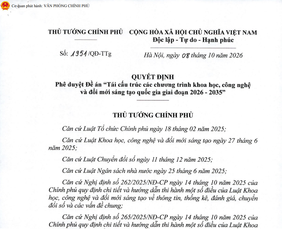 Triển khai thực hiện Quyết định số 1951/QĐ-TTg ngày 08/10/2026 của Thủ tướng Chính phủ
