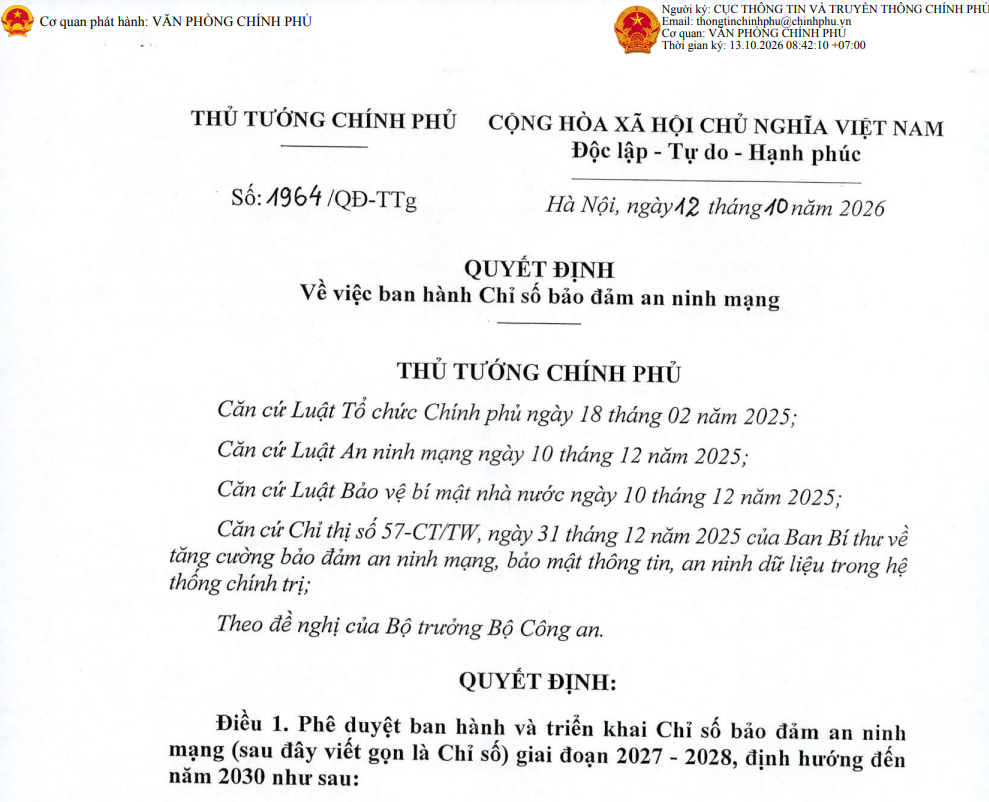 Quy định ban hành Chỉ số bảo đảm an ninh mạng