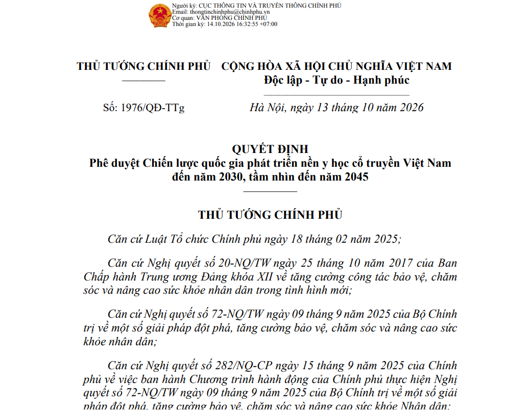 Triển khai thực hiện Quyết định số 1976/QĐ-TTg ngày 13 tháng 10 năm 2026 của Thủ tướng Chính phủ phê duyệt Chiến lược quốc gia phát triển nền y học cổ truyền Việt Nam đến năm 2030, tầm nhìn đến năm 2045