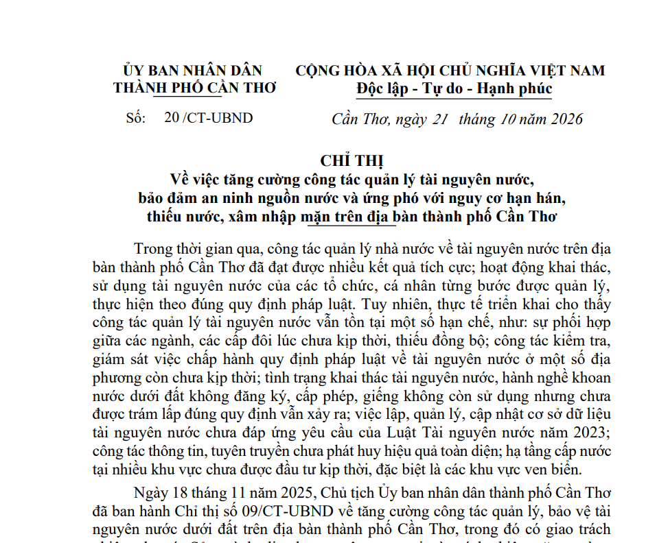 Quy định về tăng cường công tác quản lý tài nguyên nước, bảo đảm an ninh nguồn nước và ứng phó với nguy cơ hạn hán, thiếu nước, xâm nhập mặn trên địa bàn thành phố Cần Thơ