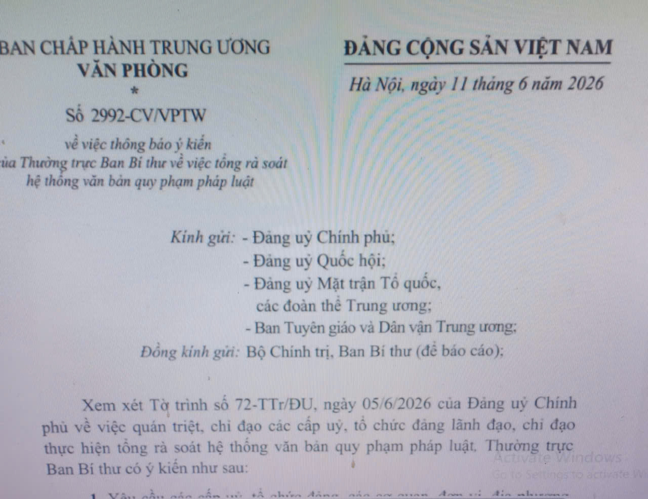 Thường trực Ban Bí thư yêu cầu tăng cường lãnh đạo, chỉ đạo thực hiện tổng rà soát hệ thống văn bản quy phạm pháp luật