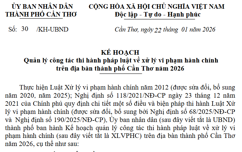 Thành phố Cần Thơ ban hành Kế hoạch quản lý công tác thi hành pháp luật về xử lý vi phạm hành chính năm 2026