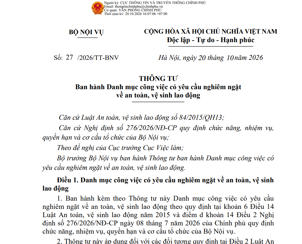 Quy định danh mục công việc có yêu cầu nghiêm ngặt về an toàn, vệ sinh lao động