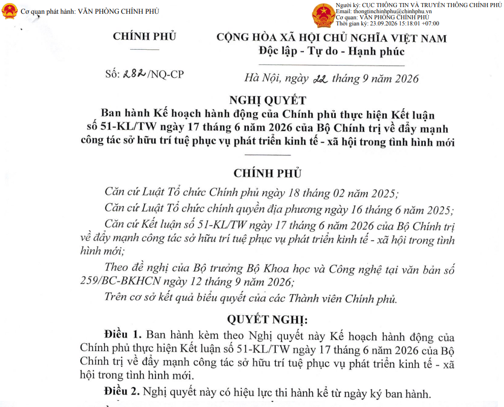 Triển khai thực hiện Nghị quyết số 282/NQ-CP ngày 22/9/2026 của Chính phủ