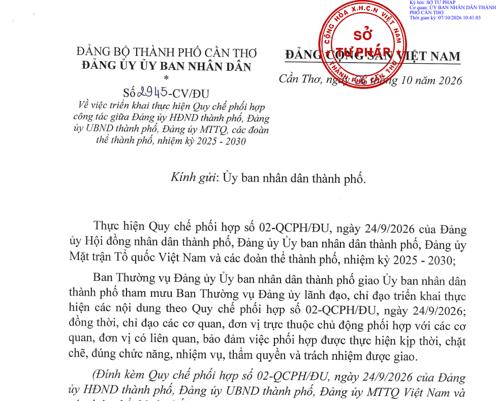 Công văn số 2945-CV/ĐU ngày 06/10/2026 của Đảng ủy UBND thành phố Cần Thơ