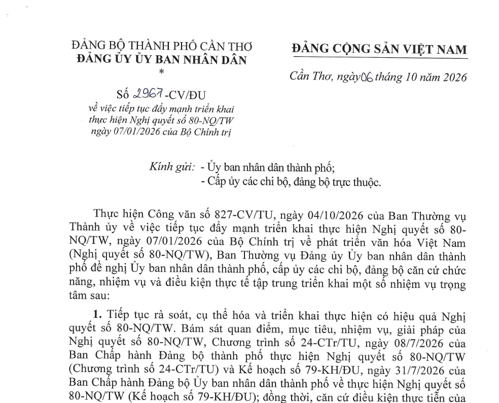 Công văn số 2967-CV/ĐU ngày 06/10/2026 của Đảng ủy UBND thành phố Cần Thơ