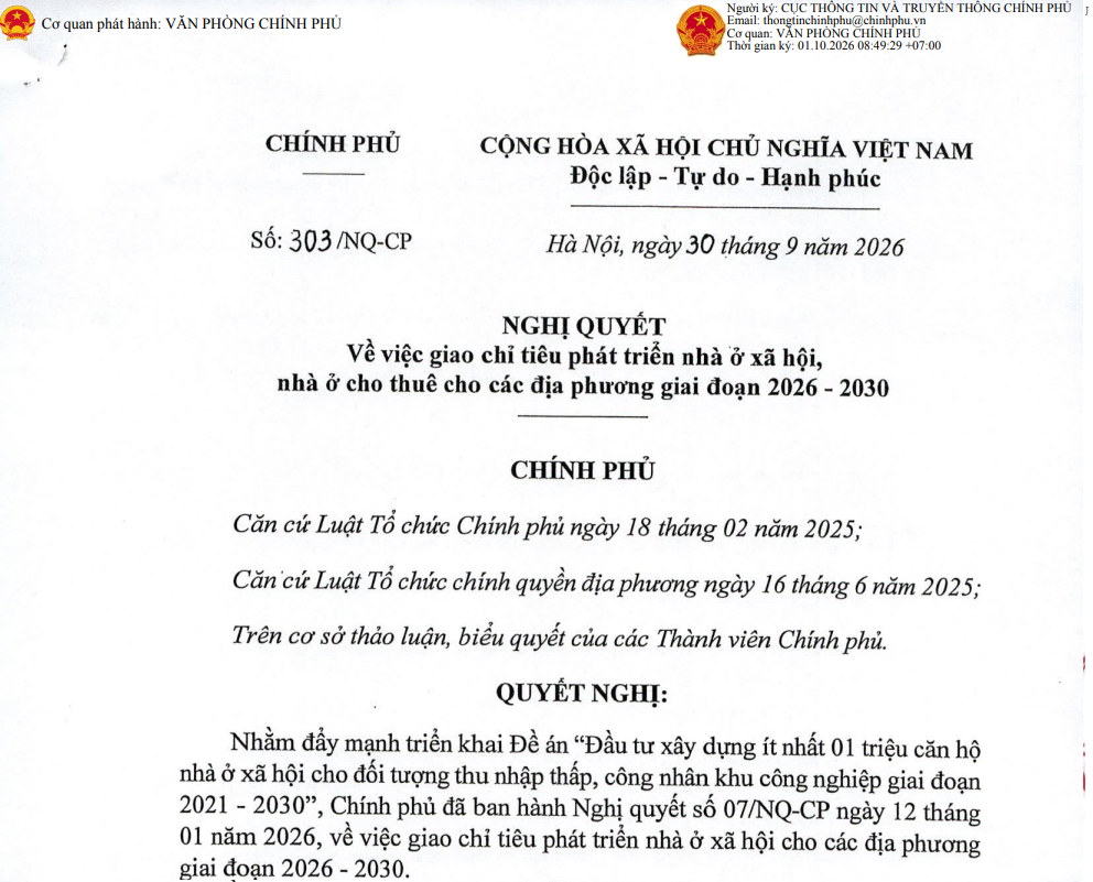 Triển khai thực hiện Nghị quyết số 303/NQ-CP ngày 30/9/2026 của Chính phủ