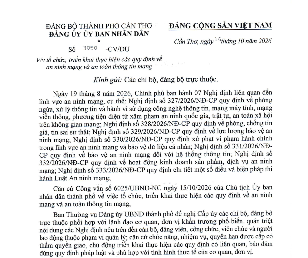 Triển khai thực hiện Công văn số 3050-CV/ĐU ngày 16/10/2026 của Đảng ủy UBND thành phố Cần Thơ