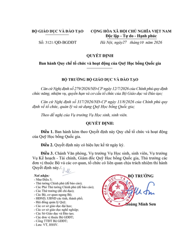 Quy định về tổ chức và hoạt động của Quỹ Học bổng Quốc gia