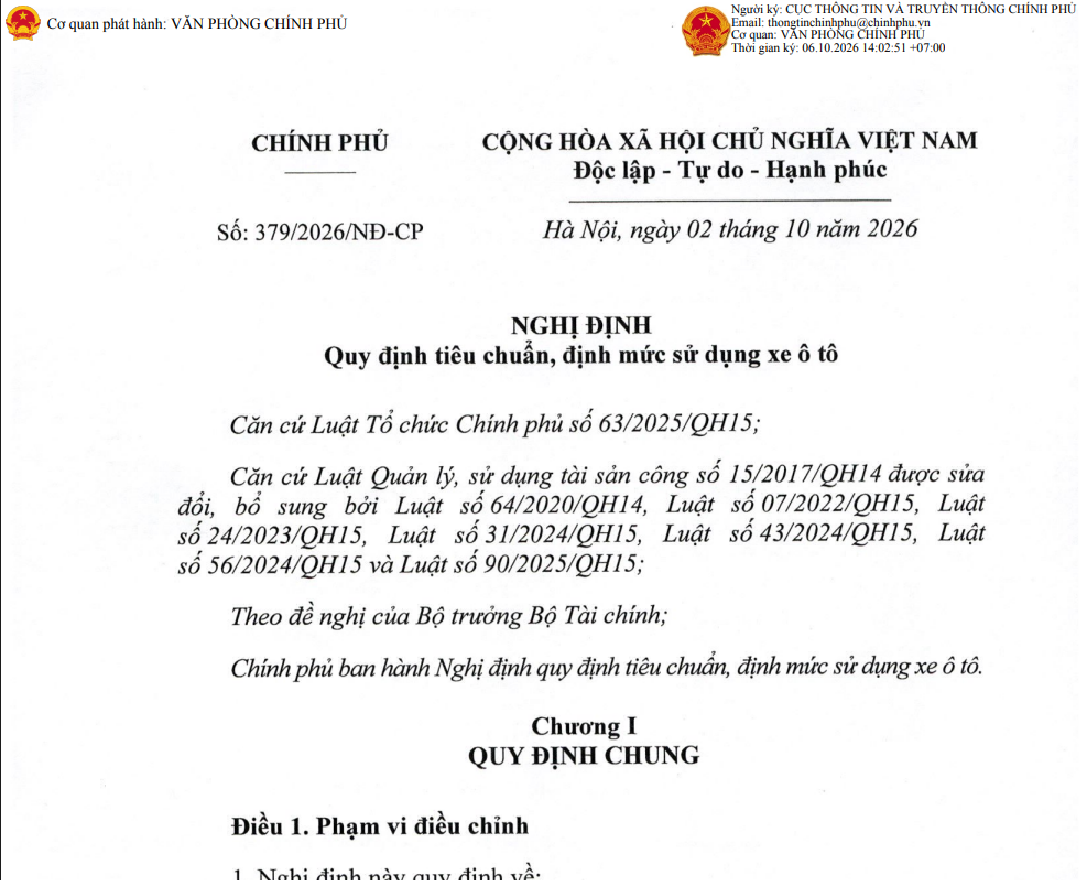 Triển khai thực hiện Nghị định số 379/2026/NĐ-CP ngày 02/10/2026 của Chính phủ quy định tiêu chuẩn, định mức sử dụng xe ô tô